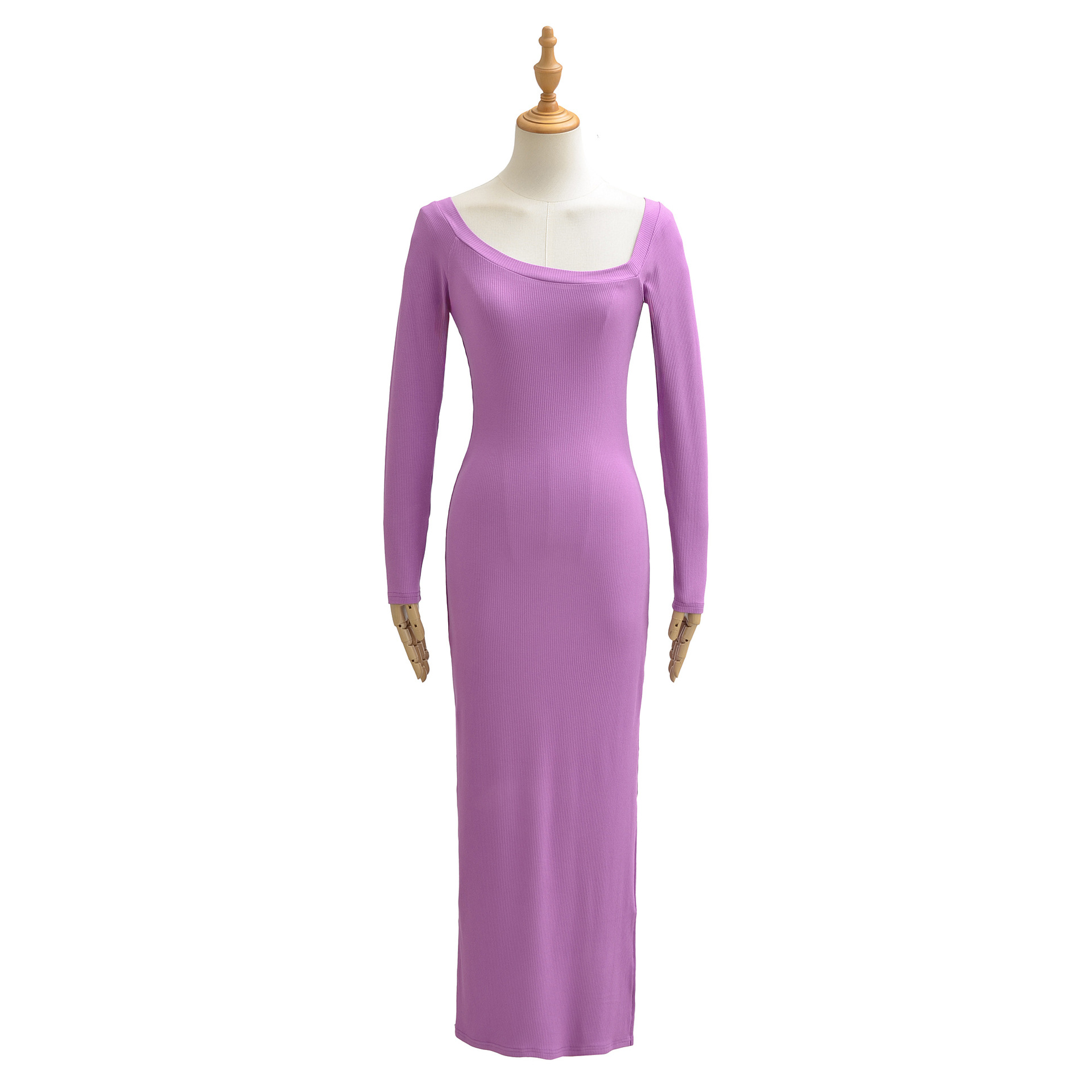 Bodycon Long Sleeve Ribbed Dress - فستان مضلع للنساء بياقة مربعة وأكمام