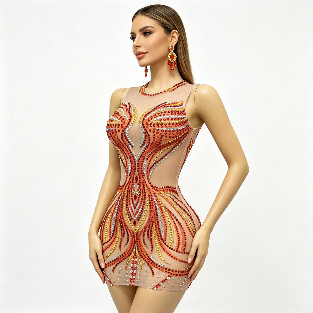Sparkly Rhinestone Club Party Dress - فستان نسائي قصير من الشبك اللامع