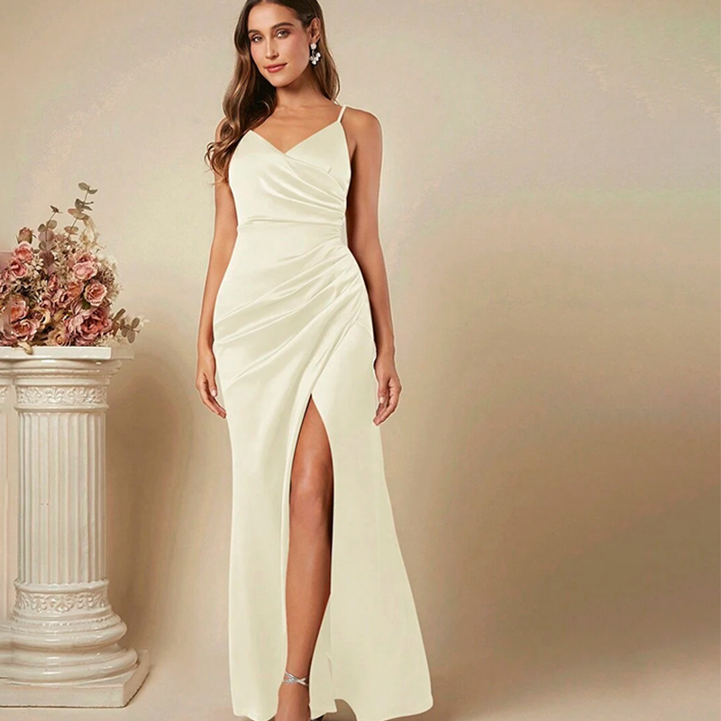 Elegant Satin Evening Gown Split - فستان نسائي أنيق بحمالات من الساتان