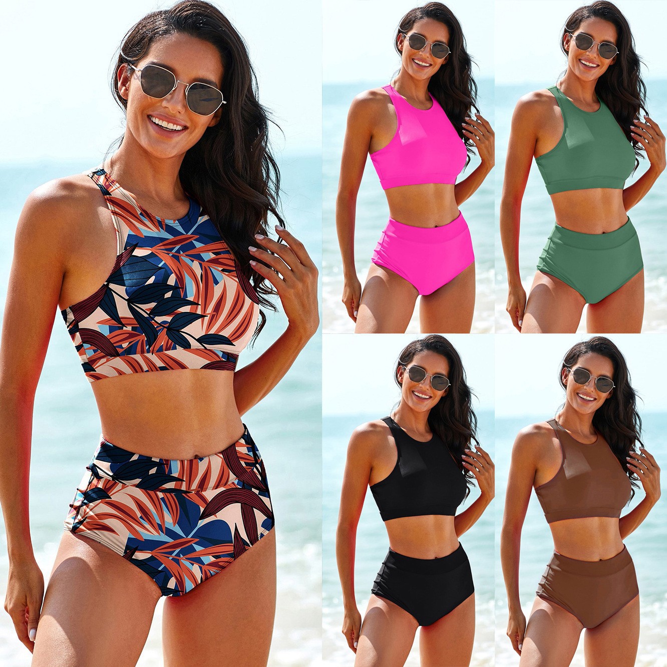 Tops - ملابس سباحة نسائية بلون واحد، تانكيني