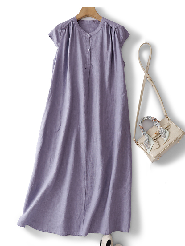 Casual Loose Linen Shirt Dress - فستان نسائي صيفي طويل بدون أكمام