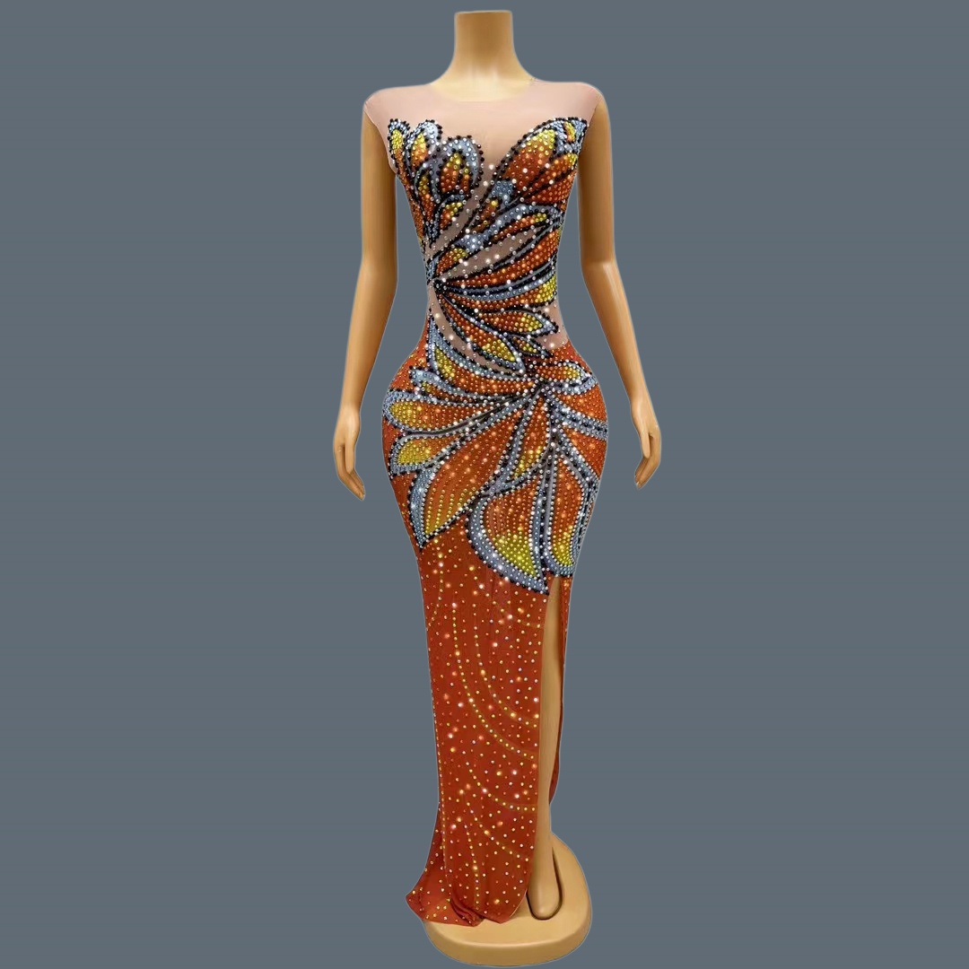 Sparkly Rhinestone Club Party Dress - فستان ماكسي نسائي بدون أكمام من
