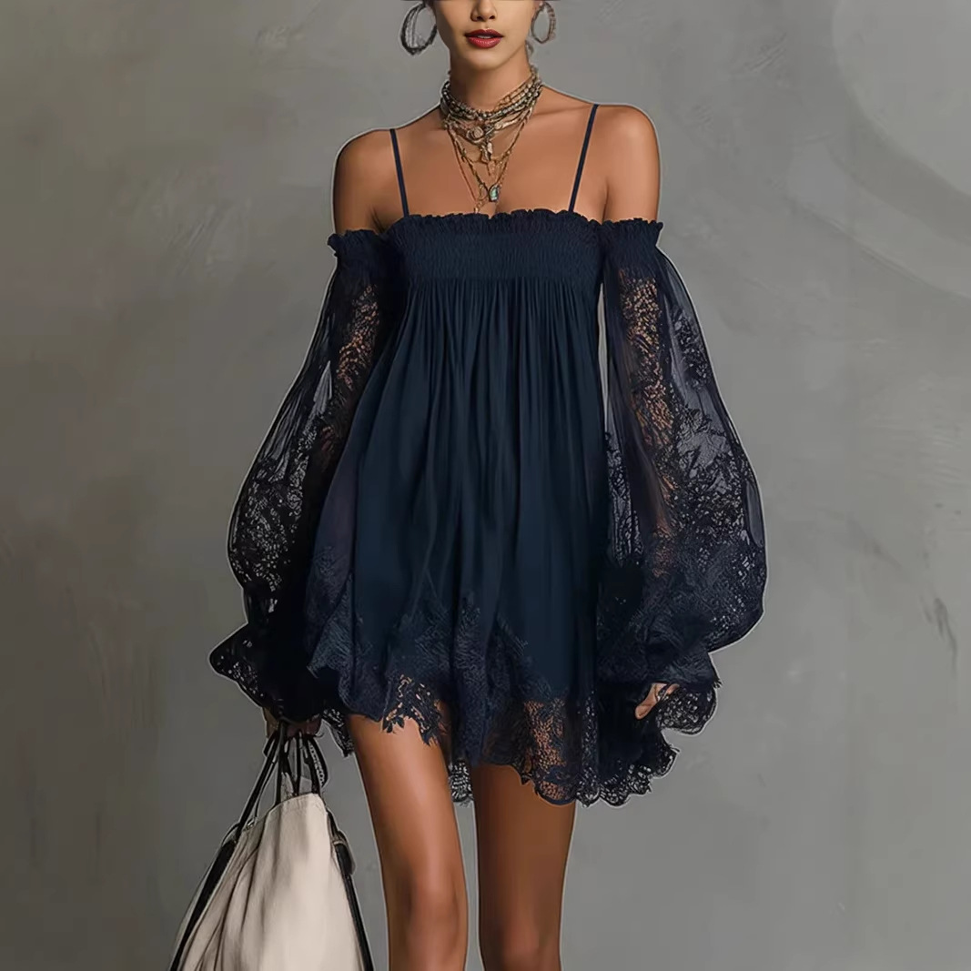 Off Shoulder Puff Sleeve Sundress - فستان قصير من الدانتيل مكشوف الأكتاف