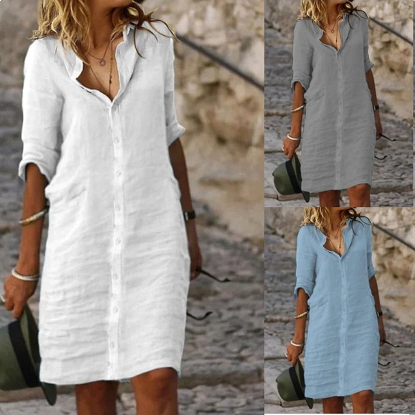 Casual Loose Linen Shirt Dress - فستان قميص ميدي فضفاض بأزرار من