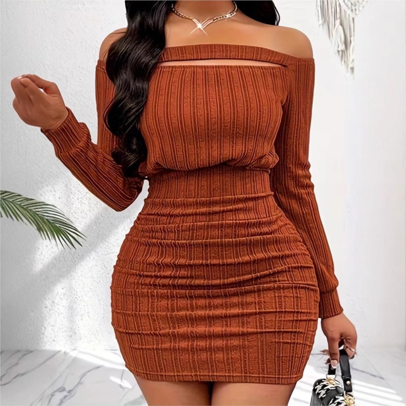 Bodycon Long Sleeve Ribbed Dress - فستان نسائي أنيق للربيع والخريف، تصميم