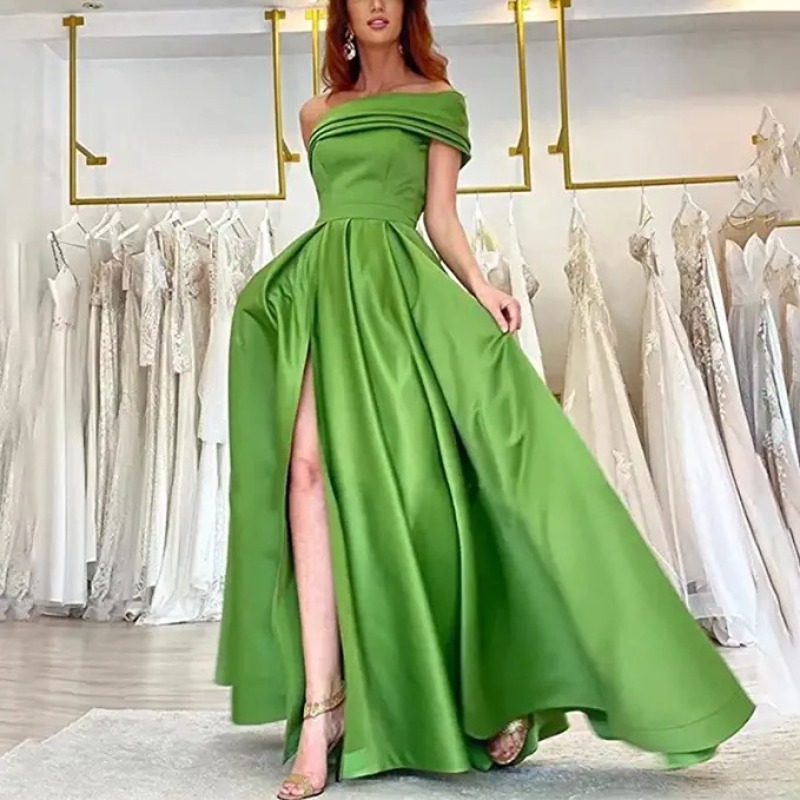Elegant Satin Evening Gown Split - فستان سهرة أنيق من الساتان بكتف