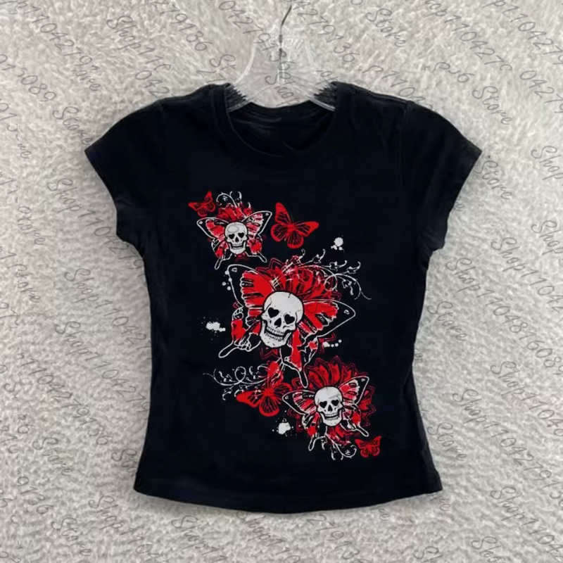 Y2K Graphic Baby Tee Crop - ملابس Y2K: تي شيرت أسود أنيق