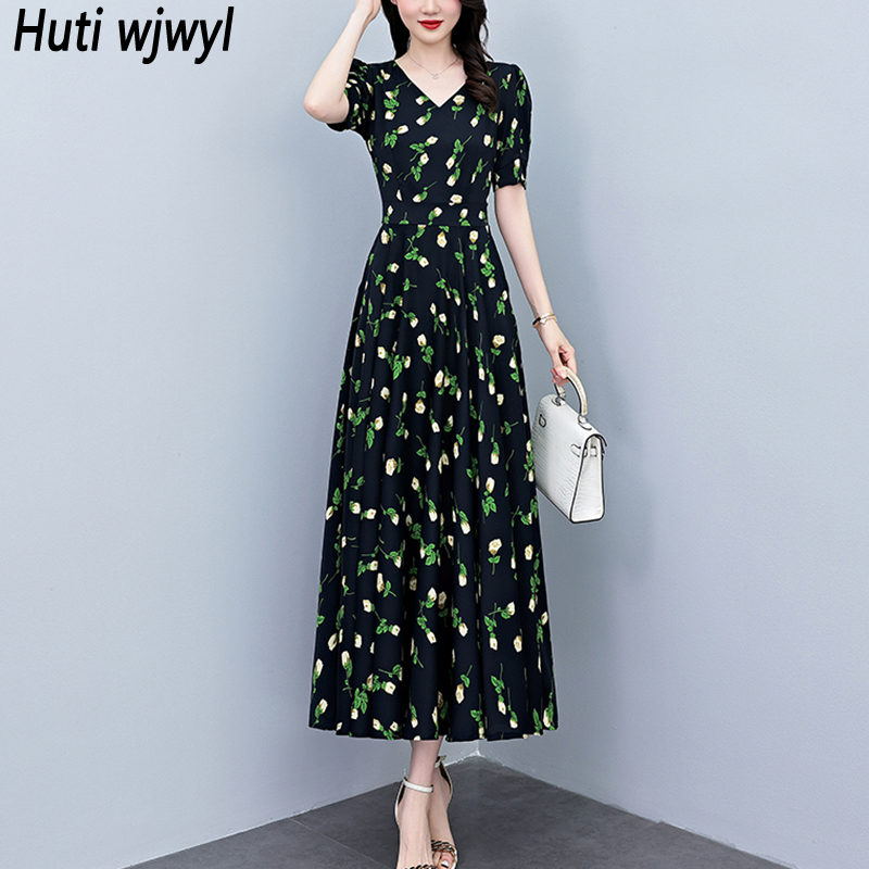 French Vintage Floral Midi Dress - فستان صيفي طويل ضيق بأكمام قصيرة