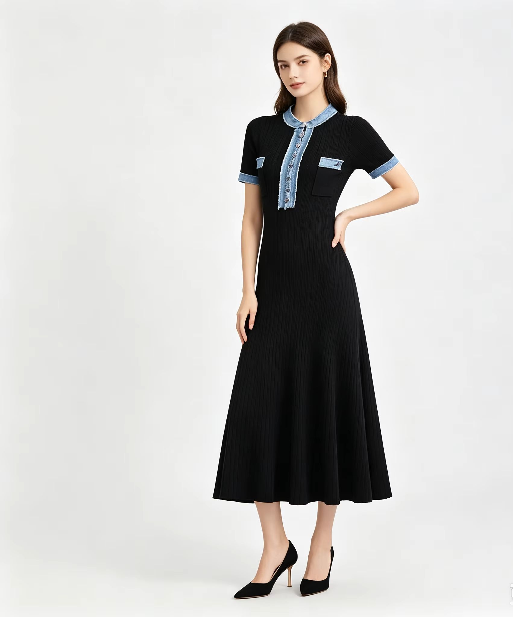 Bodycon Long Sleeve Ribbed Dress - فستان طويل بقصة حورية البحر من