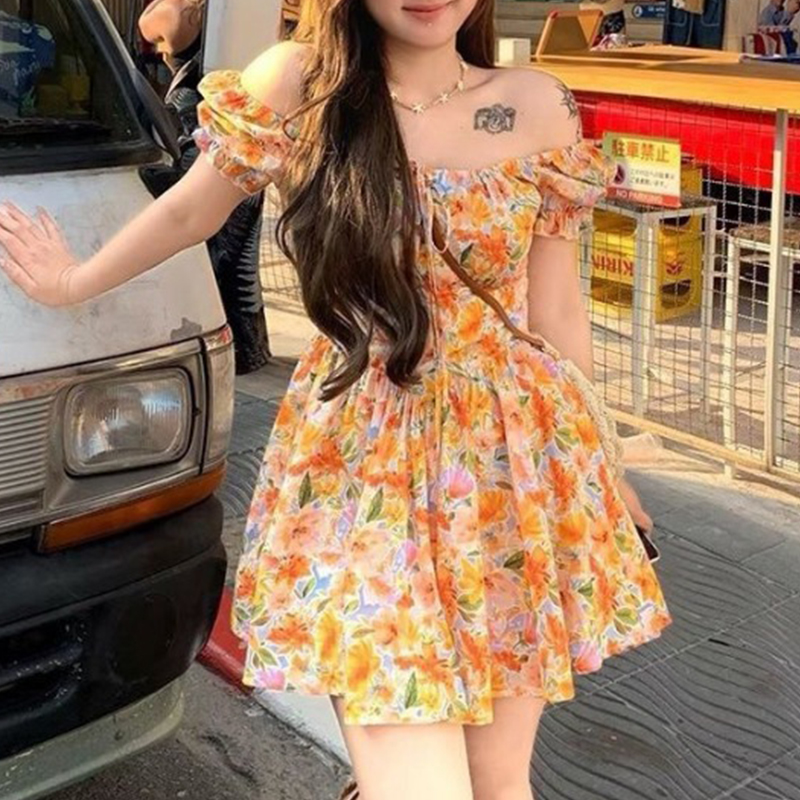 Off Shoulder Puff Sleeve Sundress - فستان نسائي قصير بطبعة زهور برتقالية