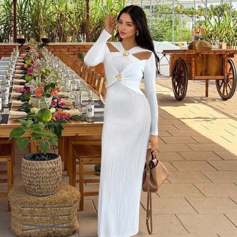 Bodycon Long Sleeve Ribbed Dress - فستان سهرة مضلع للحفلات للنساء أنيق