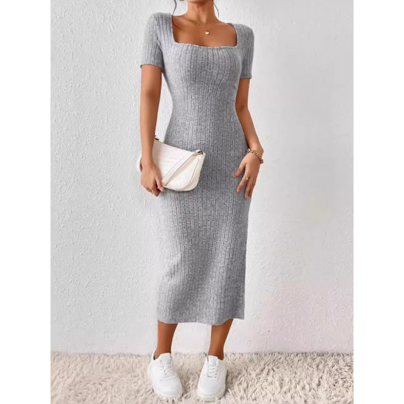 Bodycon Long Sleeve Ribbed Dress - فستان نسائي متوسط الطول من الصوف