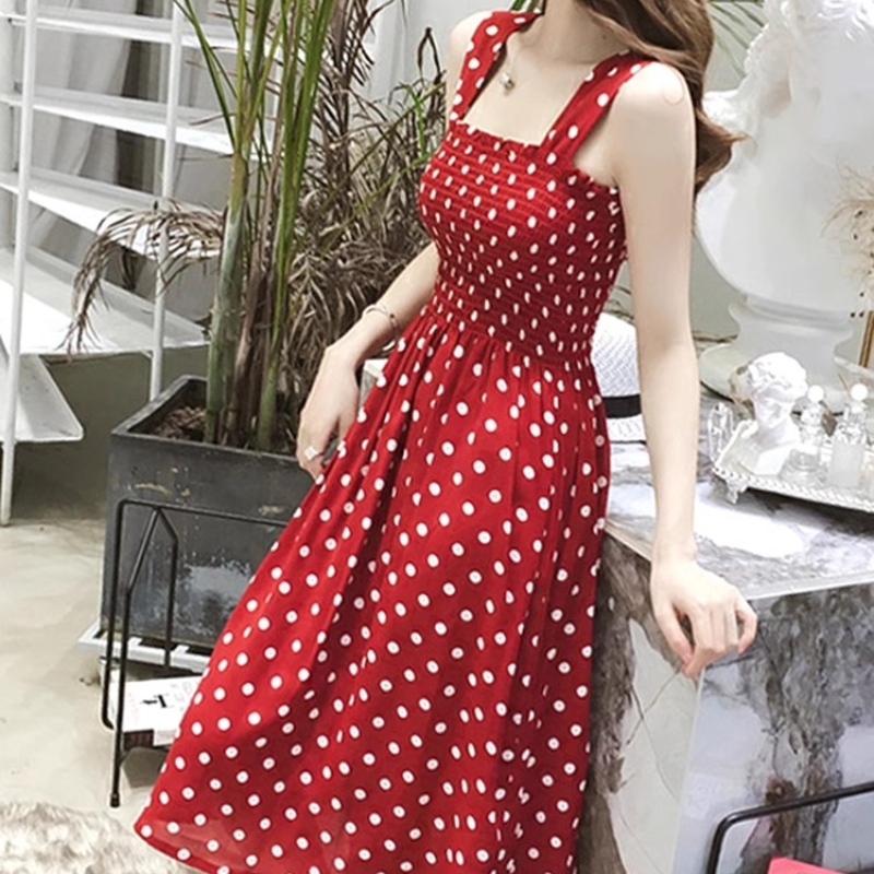 French Vintage Floral Midi Dress - فستان نسائي منقط بدون أكمام ،