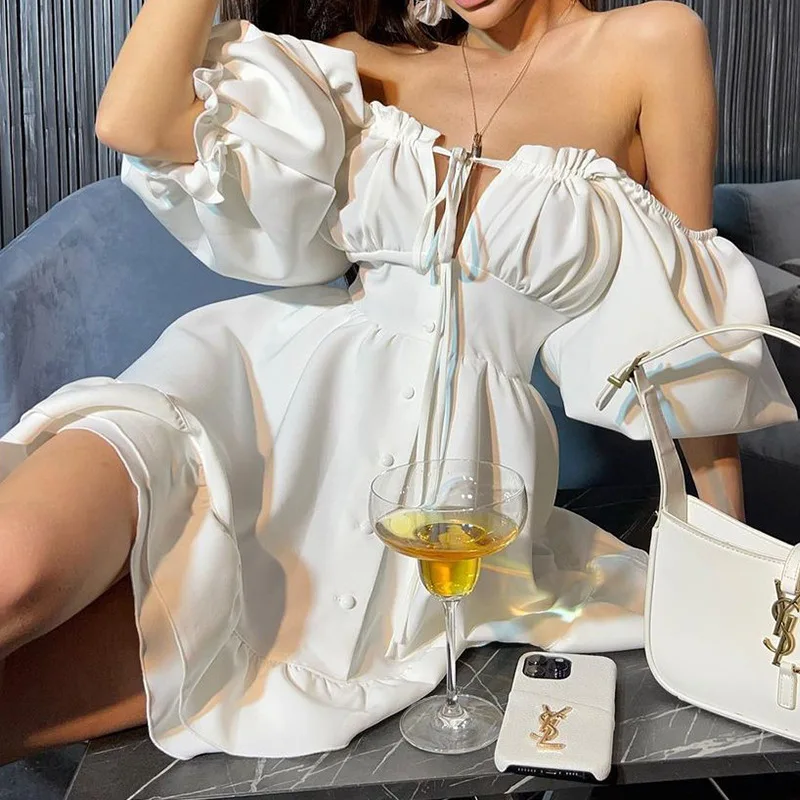 Off Shoulder Puff Sleeve Sundress - فساتين نسائية قصيرة بدون أكتاف لفصل