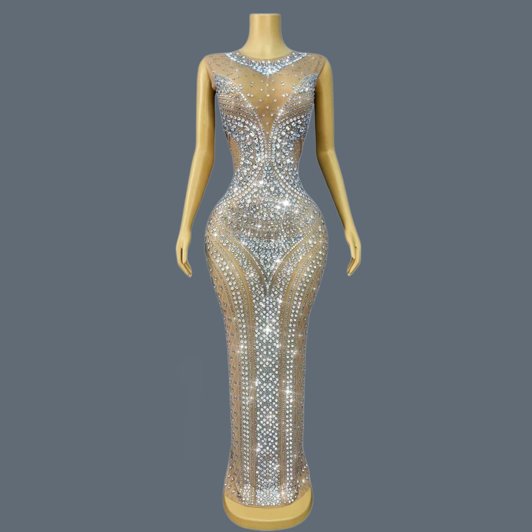 Sparkly Rhinestone Club Party Dress - فستان سهرة نسائي بدون أكمام مزين