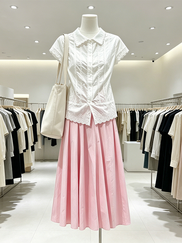 Korean Style A Line Shirt Dress - طقم نسائي أنيق بمقاسات كبيرة: قميص