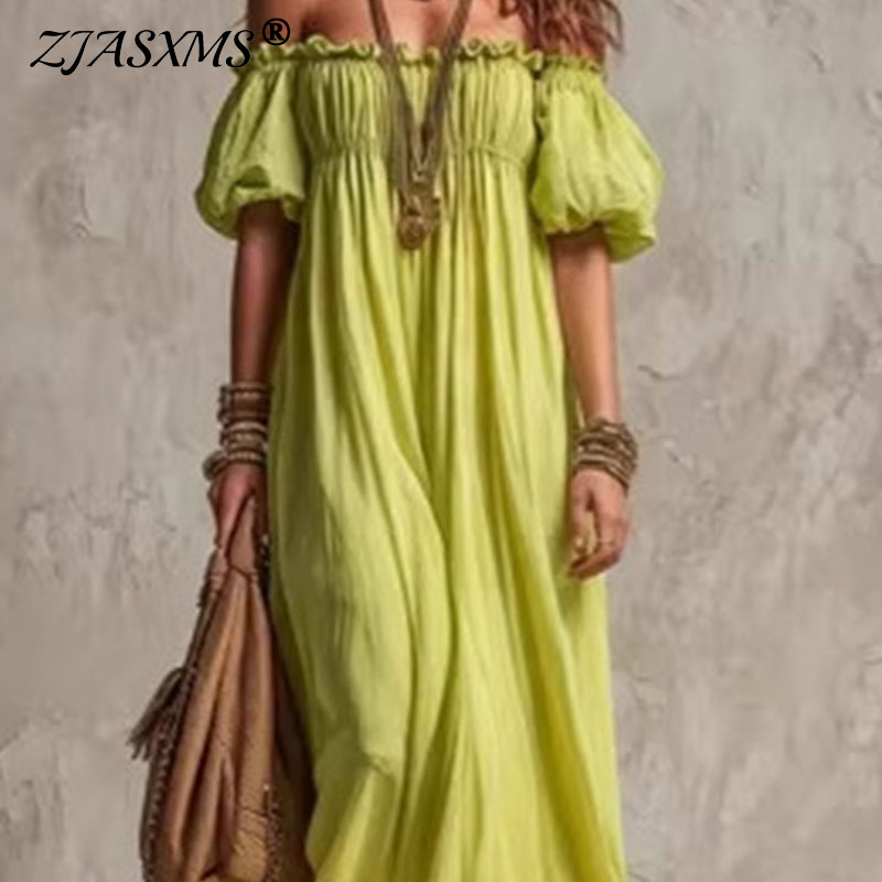 Off Shoulder Puff Sleeve Sundress - فستان نسائي صيفي طويل فضفاض بتصميم