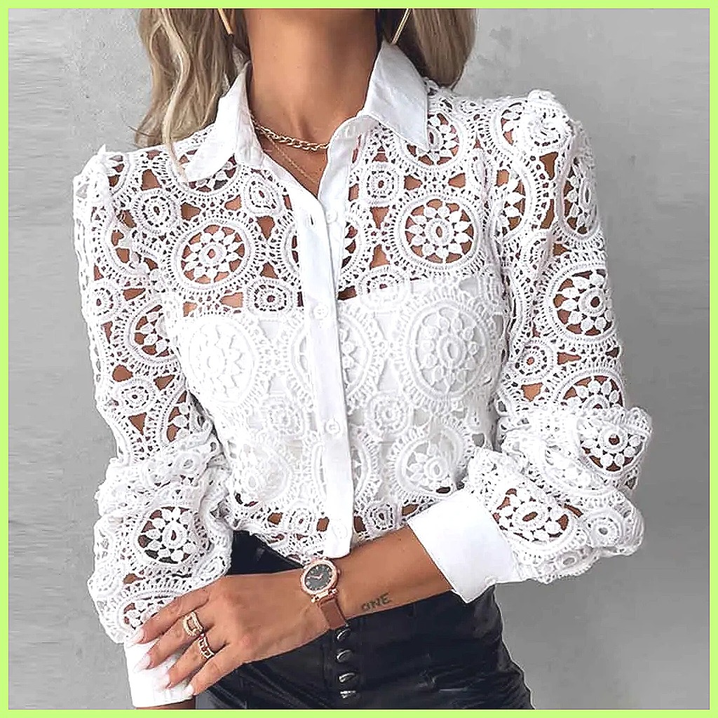 Blouses - قميص نسائي أبيض من الدانتيل لعام