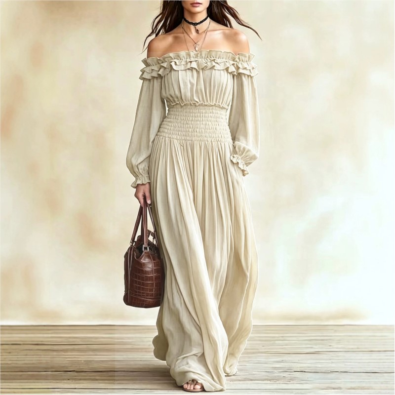 Off Shoulder Puff Sleeve Sundress - فستان ماكسي نسائي مكشوف الكتفين مع