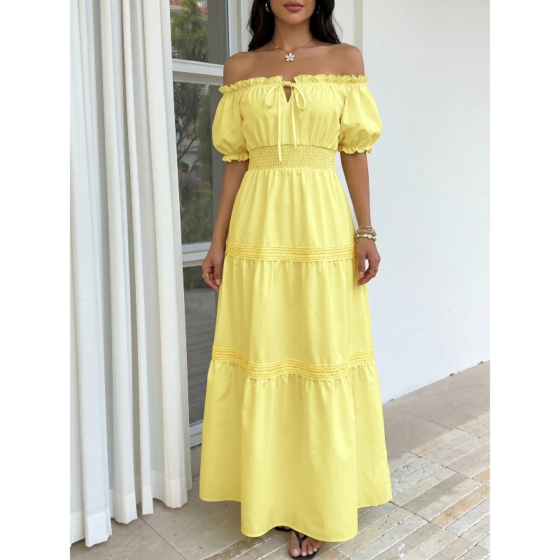 Off Shoulder Puff Sleeve Sundress - فستان صيفي بوهيمي نسائي أصفر بكتف
