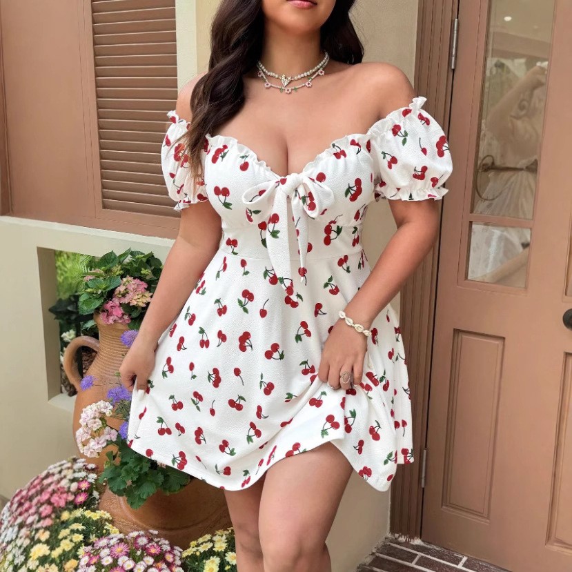 Off Shoulder Puff Sleeve Sundress - فستان صيفي نسائي بطبعة زهور، فستان