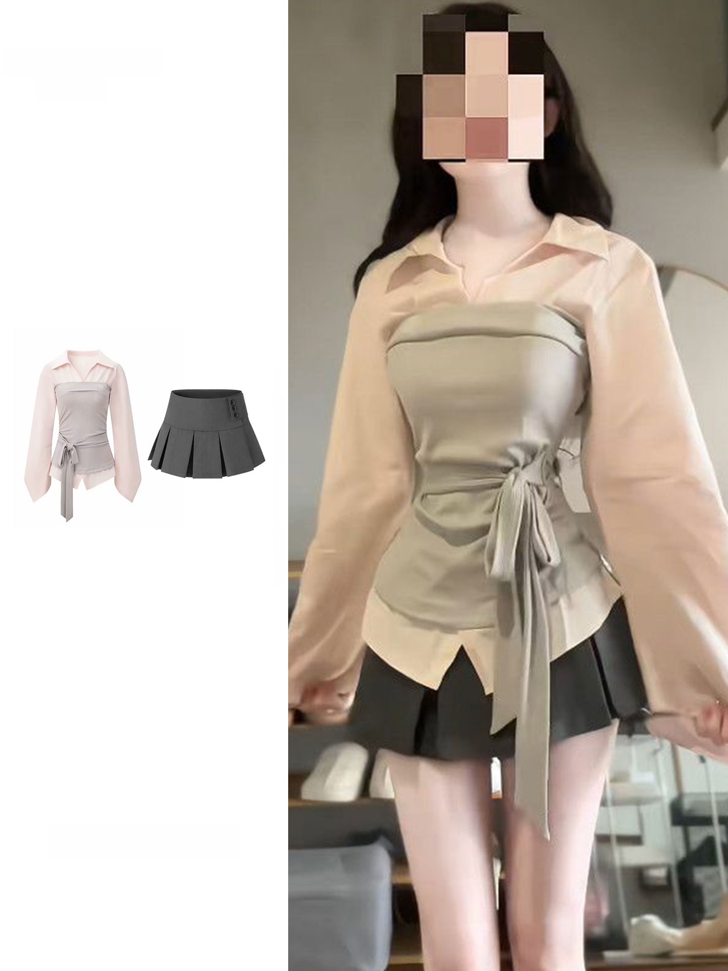 Korean Style A Line Shirt Dress - طقم قميص وتنورة نسائي بمقاسات كبيرة