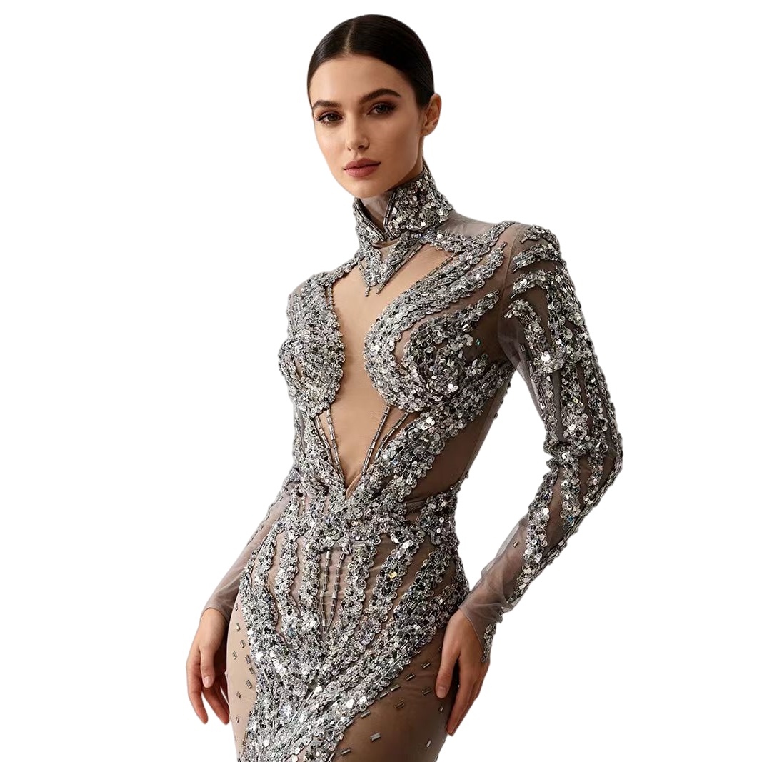 Sparkly Rhinestone Club Party Dress - فستان فضي سباركلي ترتر شفاف من