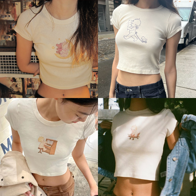 Y2K Graphic Baby Tee Crop - تي شيرت نسائي ضيق ماركة Angel