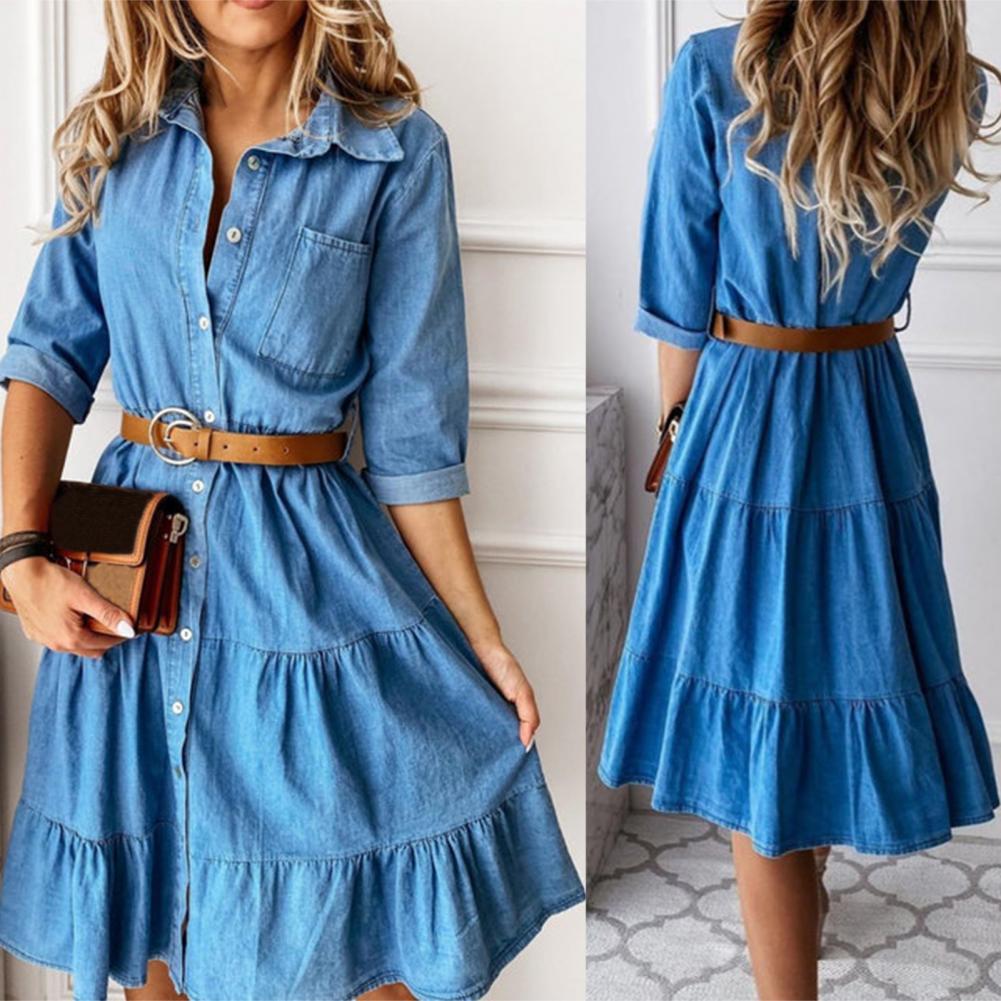 French Vintage Floral Midi Dress - فستان جينز بأكمام ثلاثة أرباع مع