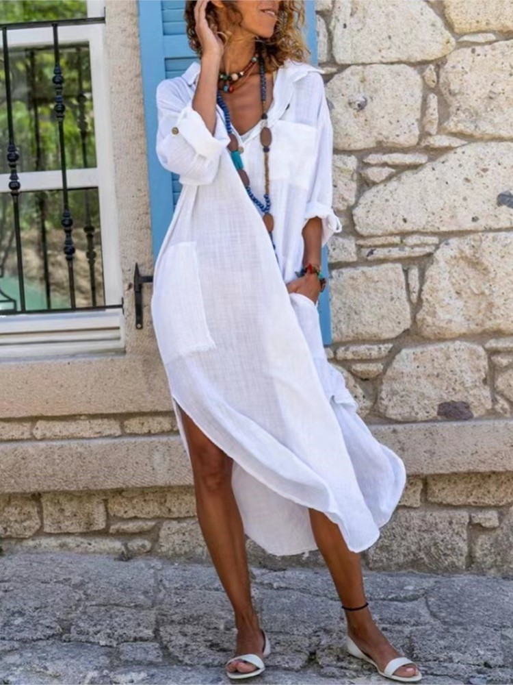 Casual Loose Linen Shirt Dress - فستان قميص نسائي أبيض بلون سادة