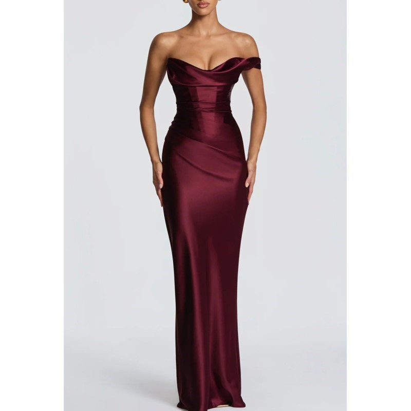 Elegant Satin Evening Gown Split - فستان ساتان أنيق ضيق مثير بكتف