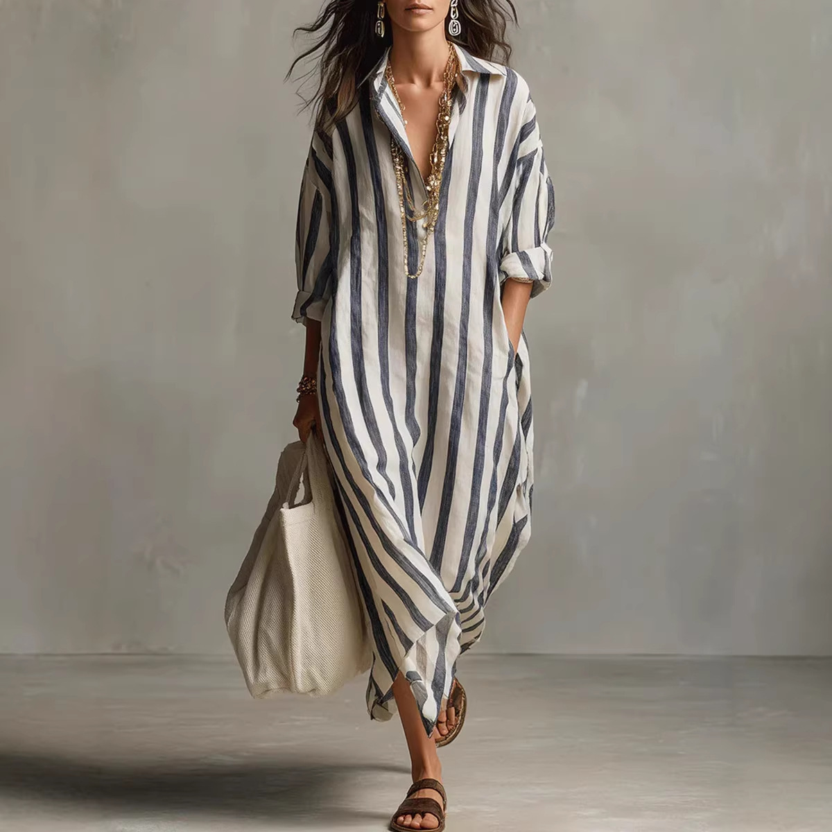 Casual Loose Linen Shirt Dress - فساتين صيفية أنيقة بياقة مقلوبة من