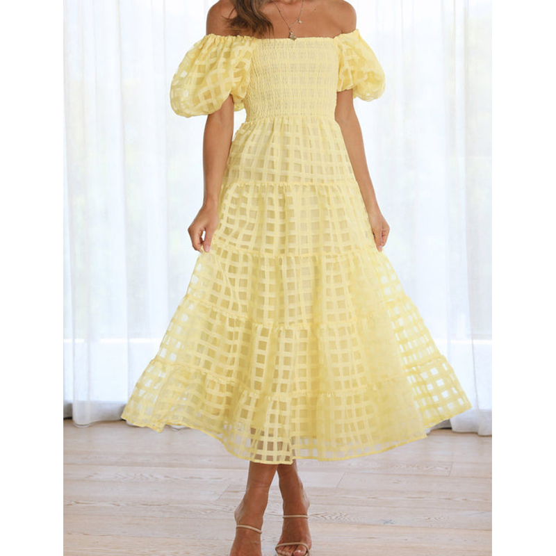 Off Shoulder Puff Sleeve Sundress - أنيقة قبالة الكتف المرأة الصيف فستان
