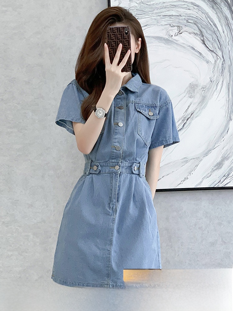 Korean Style A Line Shirt Dress - فستان دينيم قصير للتنحيف بخصر مرتفع