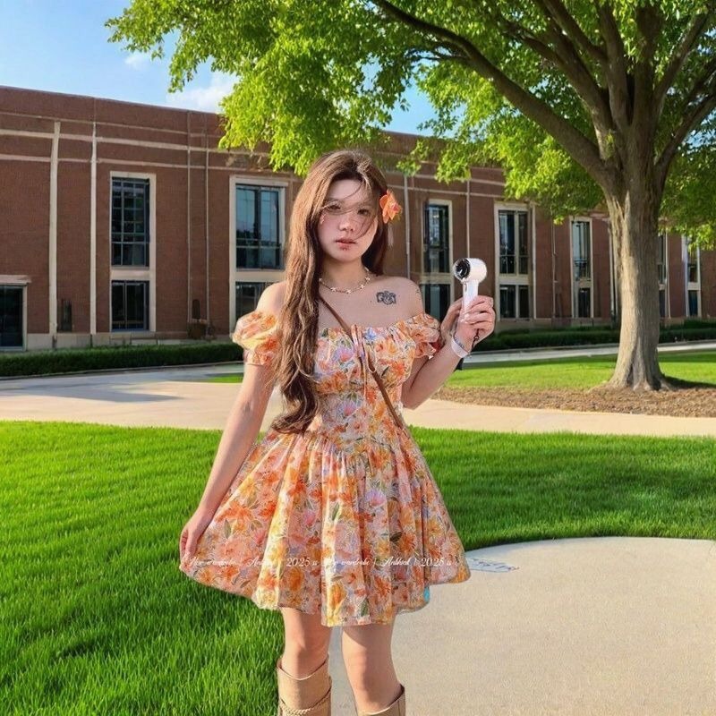 Off Shoulder Puff Sleeve Sundress - فستان قصير برتقالي مطبوع بالزهور بكتف
