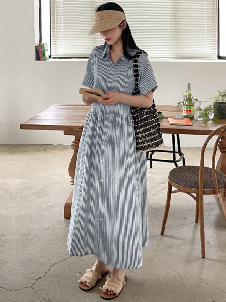 فستان قميص نسائي مخطط بتصميم ك - مراجعة Casual Loose Linen Shirt Dress وسعره