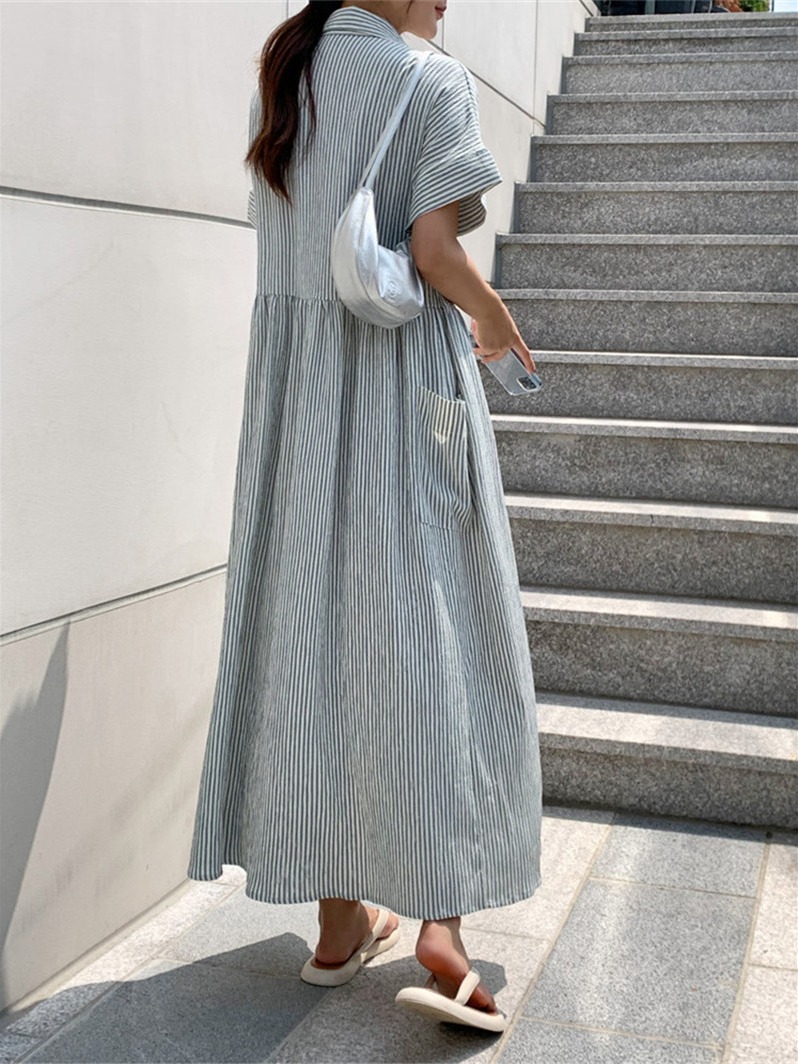 فستان قميص نسائي مخطط بتصميم ك - مراجعة Casual Loose Linen Shirt Dress وسعره