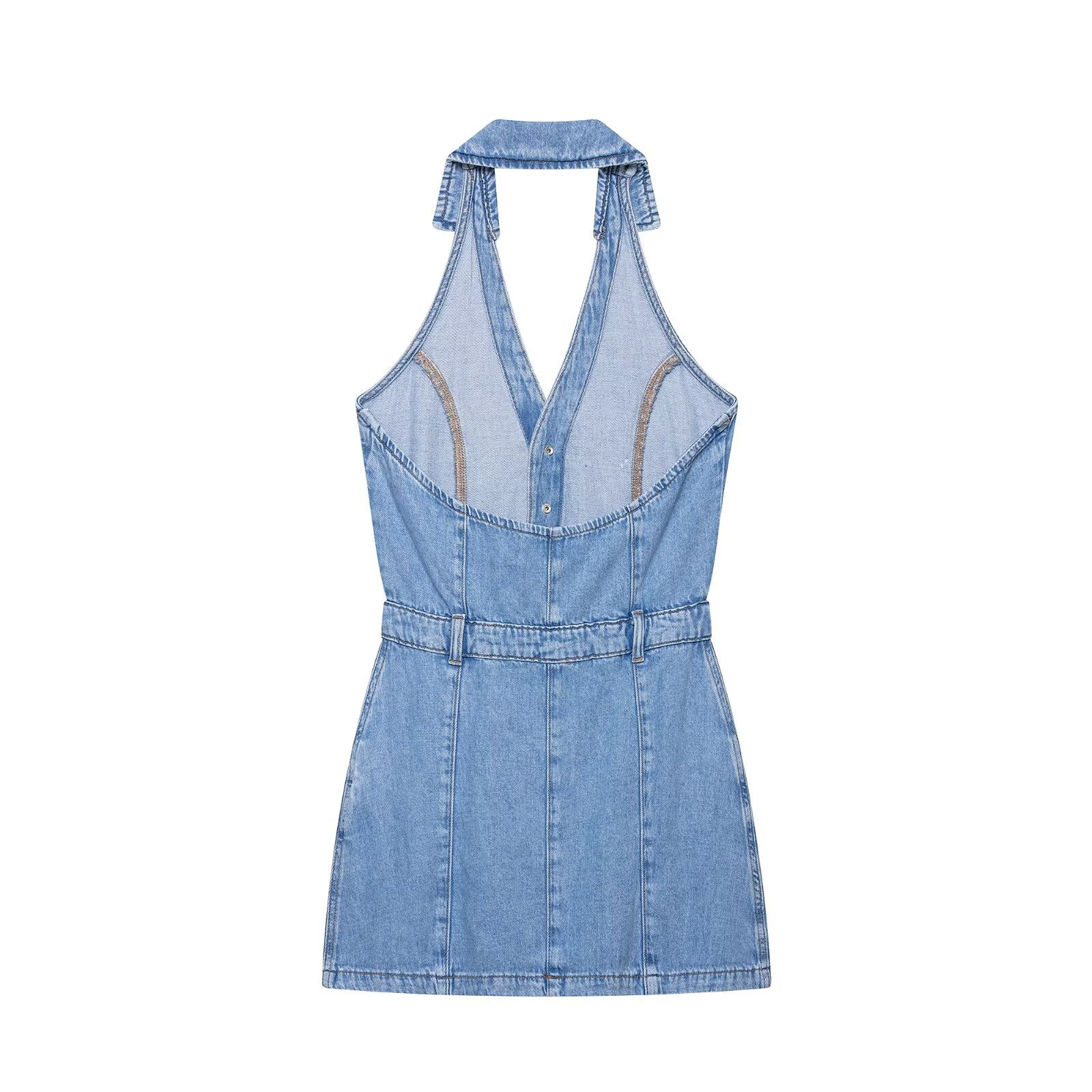 فستان جينز قصير نسائي بتصميم Y - مراجعة Y2K Backless Halter Mini Dress وسعره