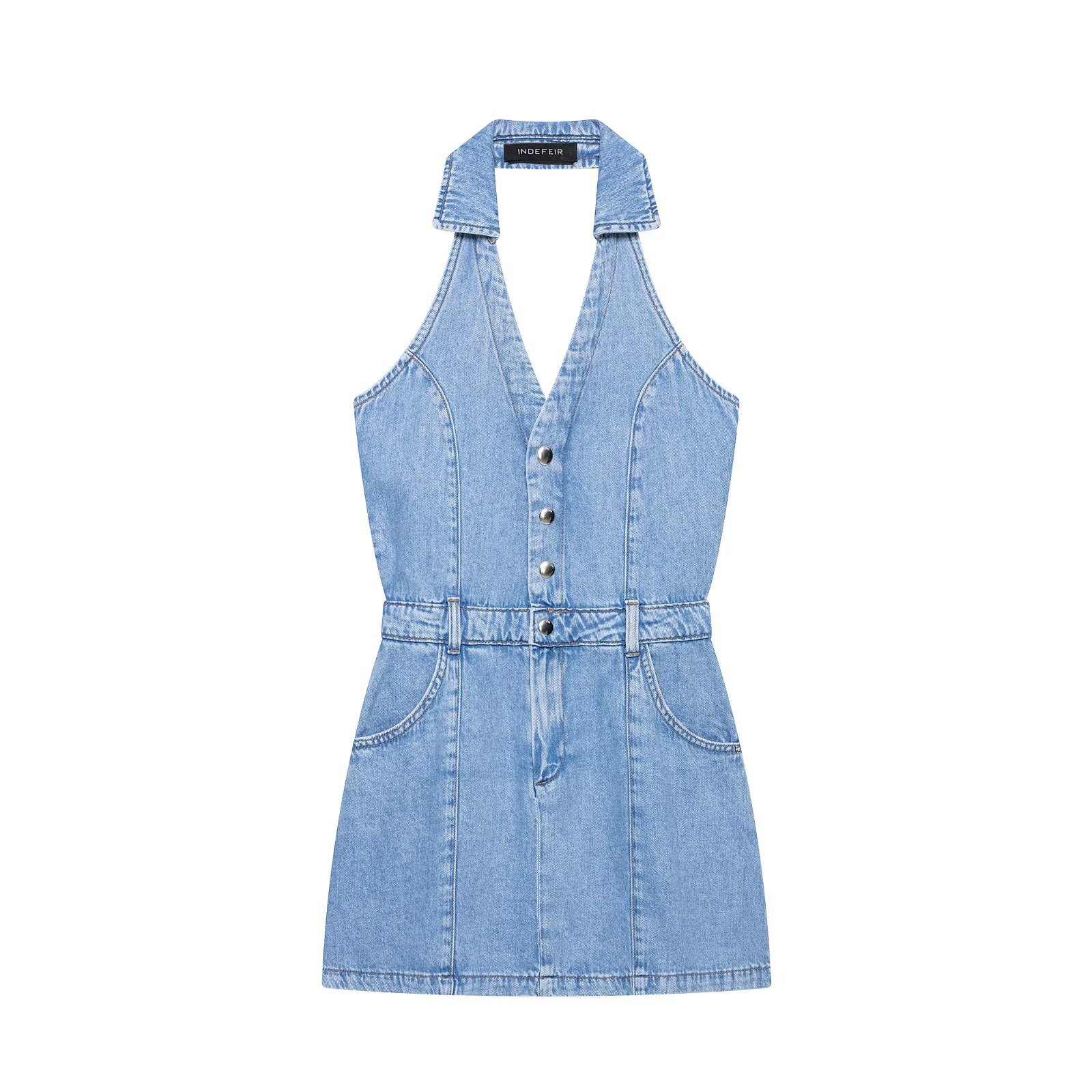 فستان جينز قصير نسائي بتصميم Y - مراجعة Y2K Backless Halter Mini Dress وسعره