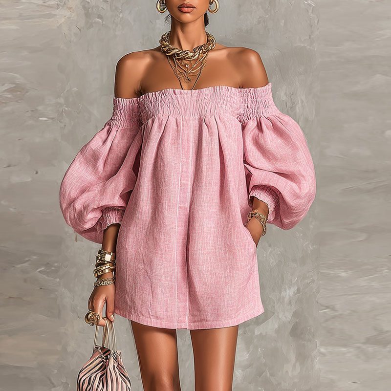 فستان نسائي جديد بلون موحد مكش - مراجعة Off Shoulder Puff Sleeve Sundress وسعره
