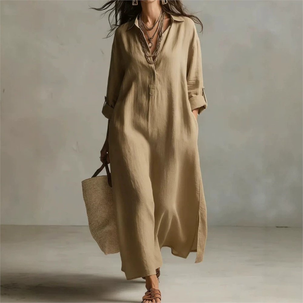 فستان قميص نسائي طويل من الكتا - مراجعة Casual Loose Linen Shirt Dress وسعره