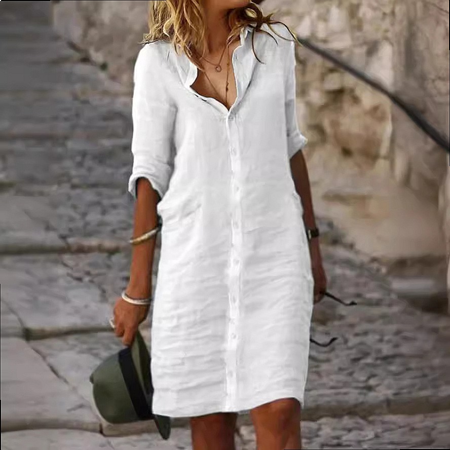 فستان قميص ميدي فضفاض بأزرار م - مراجعة Casual Loose Linen Shirt Dress وسعره