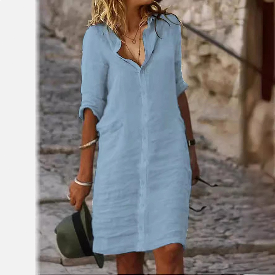 فستان قميص ميدي فضفاض بأزرار م - مراجعة Casual Loose Linen Shirt Dress وسعره