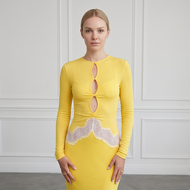 فستان ماكسي نسائي أصفر بأكمام  - مراجعة Bodycon Long Sleeve Ribbed Dress وسعره