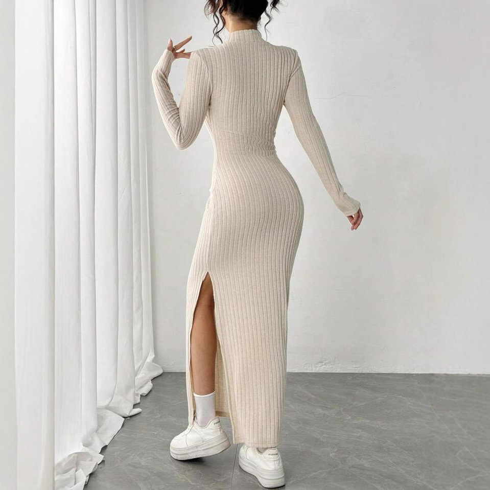 فستان أنيق محبوك مضلع بياقة عا - مراجعة Bodycon Long Sleeve Ribbed Dress وسعره