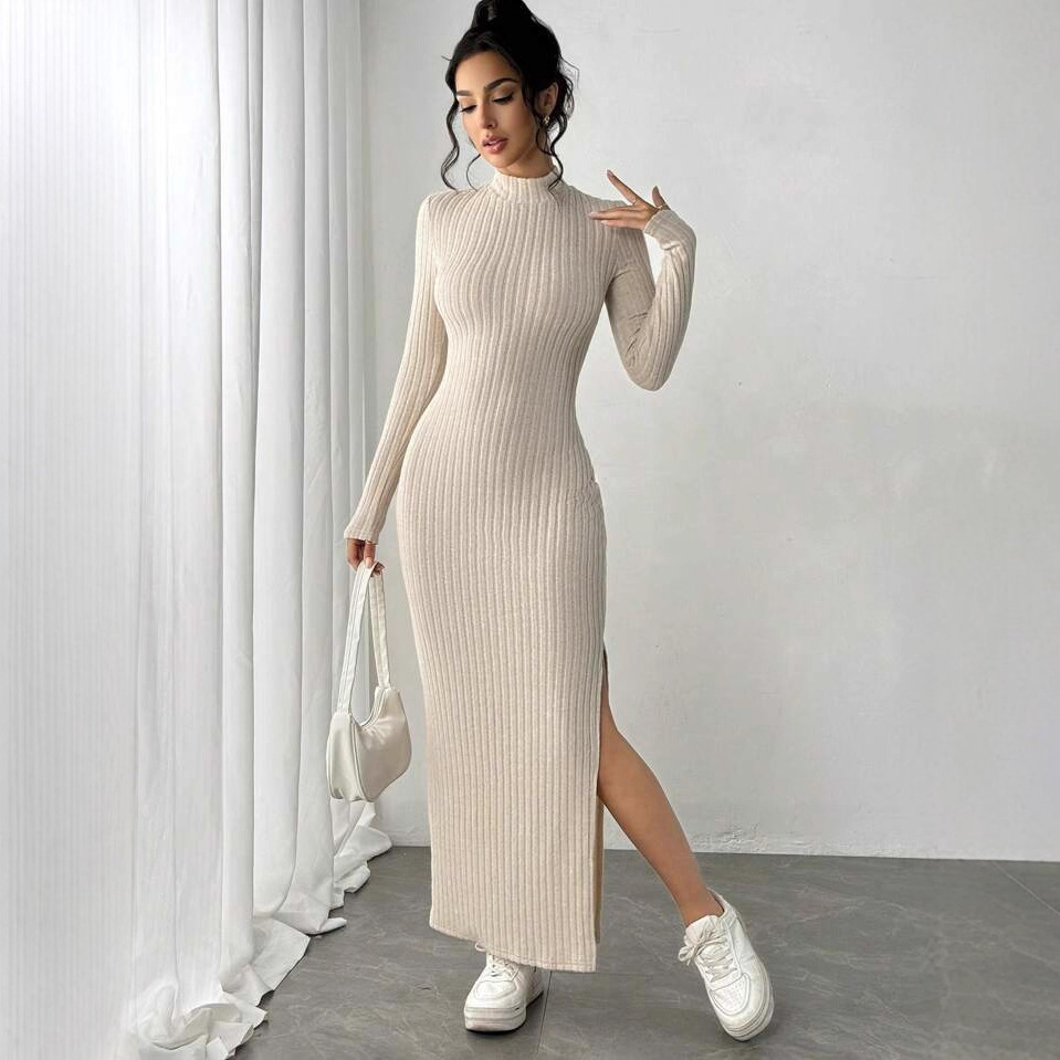 فستان أنيق محبوك مضلع بياقة عا - مراجعة Bodycon Long Sleeve Ribbed Dress وسعره