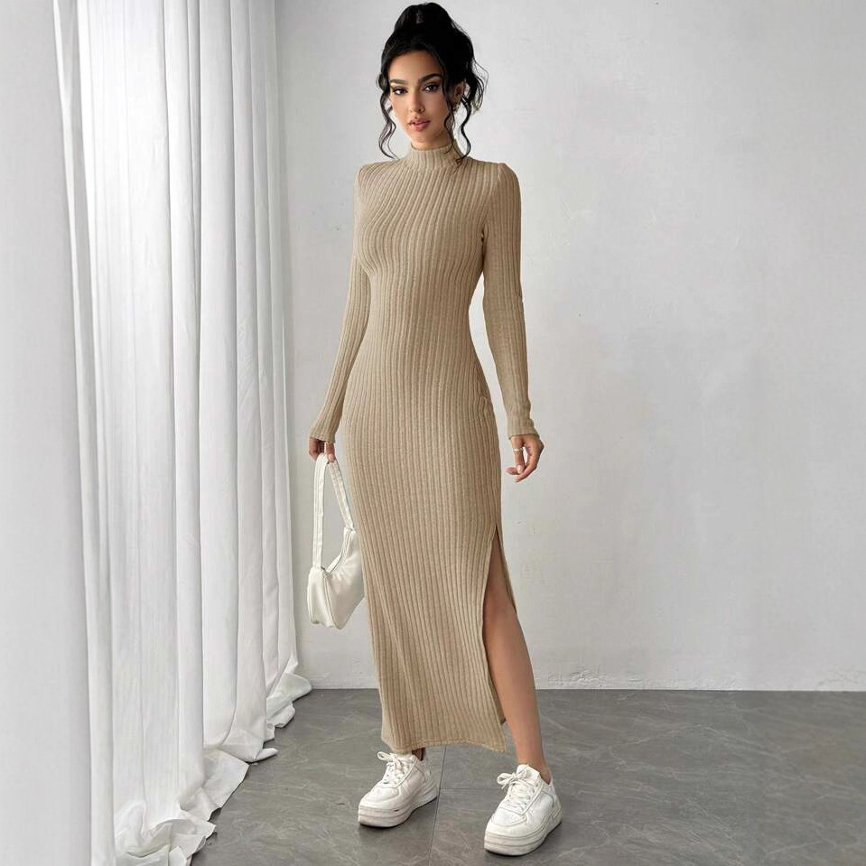 فستان أنيق محبوك مضلع بياقة عا - مراجعة Bodycon Long Sleeve Ribbed Dress وسعره
