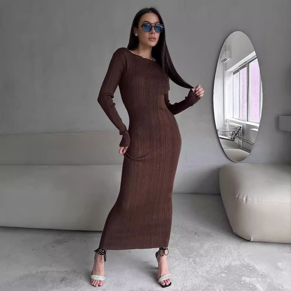 فستان نسائي أنيق بياقة دائرية  - مراجعة Bodycon Long Sleeve Ribbed Dress وسعره