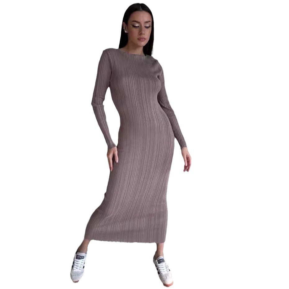 فستان نسائي أنيق بياقة دائرية  - مراجعة Bodycon Long Sleeve Ribbed Dress وسعره