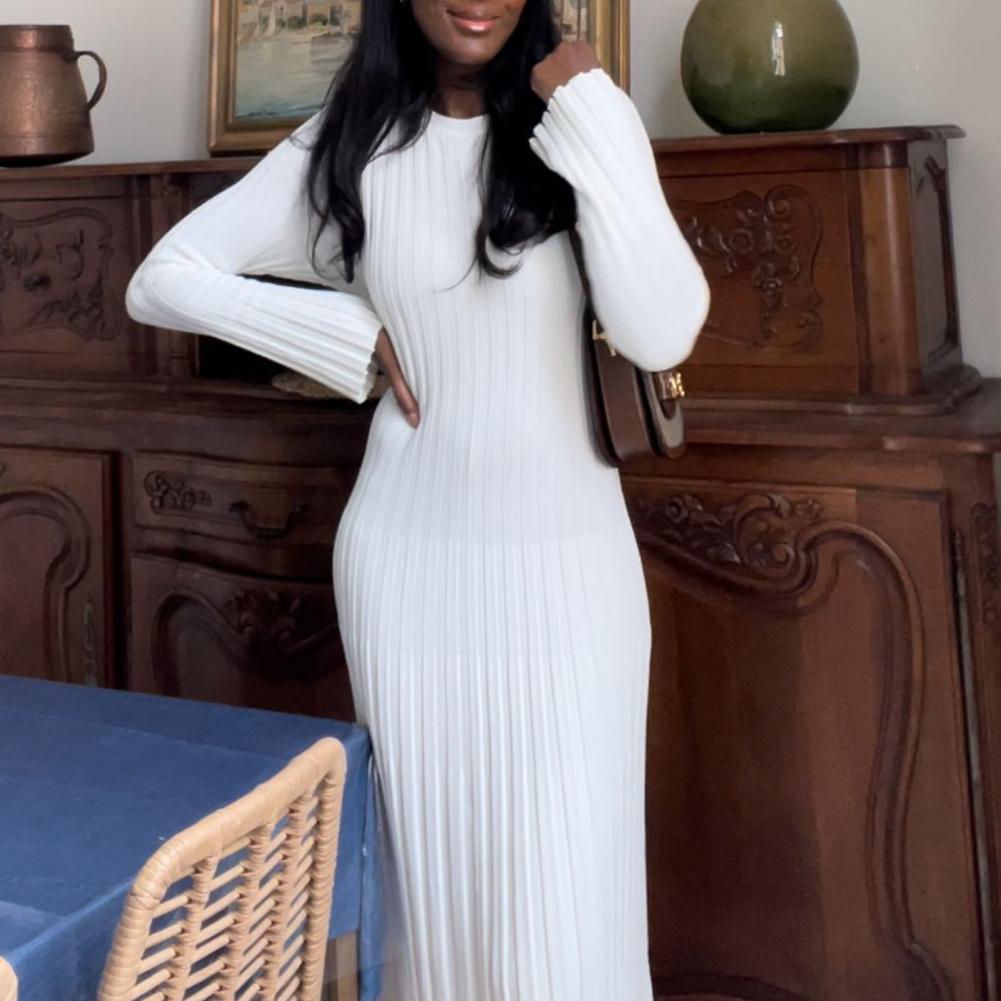 فستان نسائي محبوك مضلع بأكمام  - مراجعة Bodycon Long Sleeve Ribbed Dress وسعره